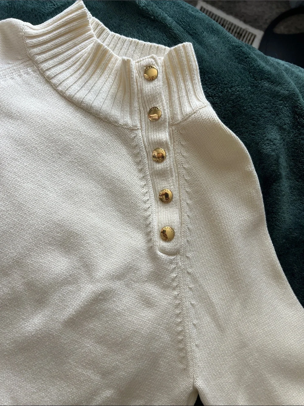 Chaps Cream Button-Shoulder Mock Neck Sweater